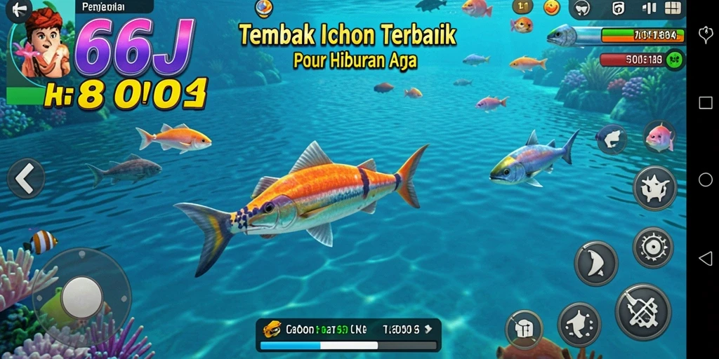 Menampilkan gameplay seru dari 666J dengan berbagai ikan yang menunggu untuk ditangkap.