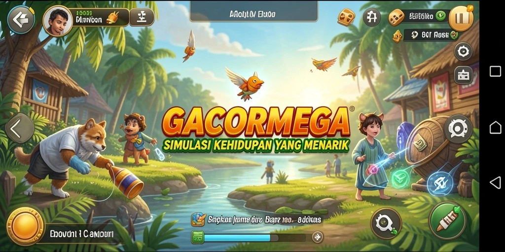 Screenshot gameplay GACORMEGA menampilkan interaksi karakter di dunia simulasi.
