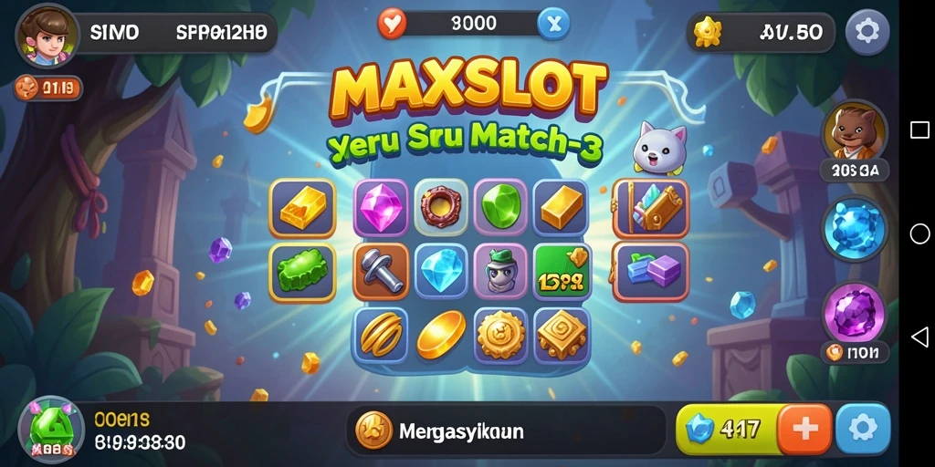 Tangkapan layar gameplay MAXSLOT menampilkan papan permainan Match-3 yang penuh warna.