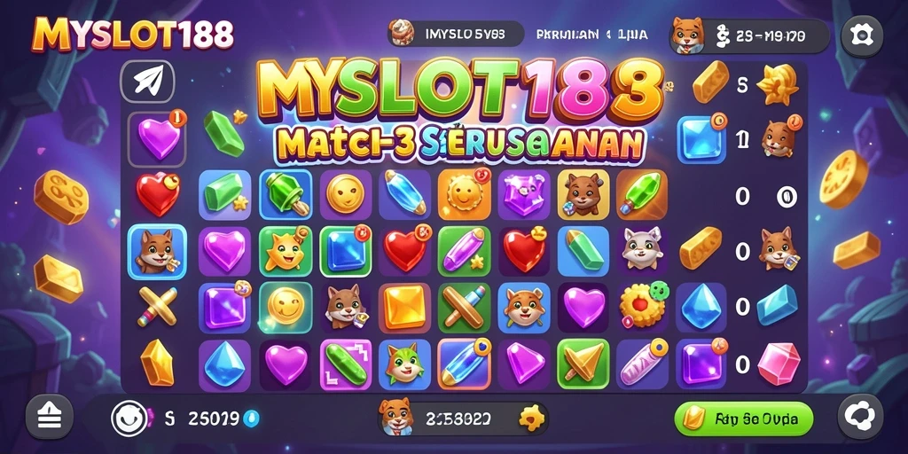 Screenshot gameplay MYSLOT188 dengan objek colorful dalam game Match-3.