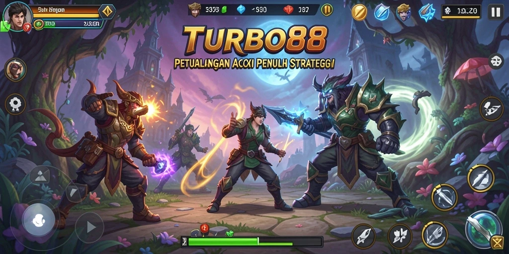 Screenshot gameplay TURBO88 menampilkan aksi seru di dunia fantasi yang dinamis.